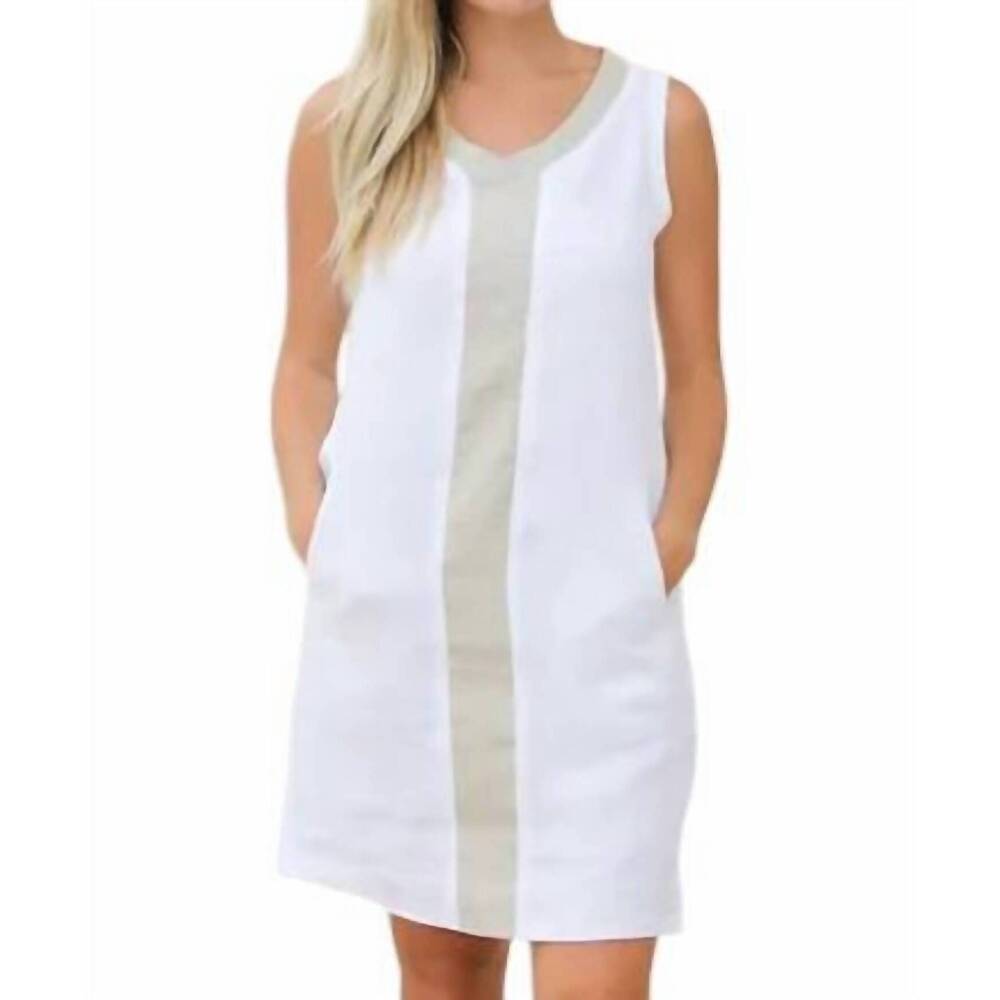 NEW ILINEN v-neck mini dress with gold stripe in white